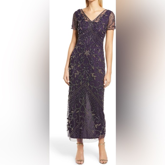 PISSARO NIGHTS BEADED MESH COLUMN EVENING GOWN DRESS IN PLUM SIZE 2 NWOT - Picture 1 of 6